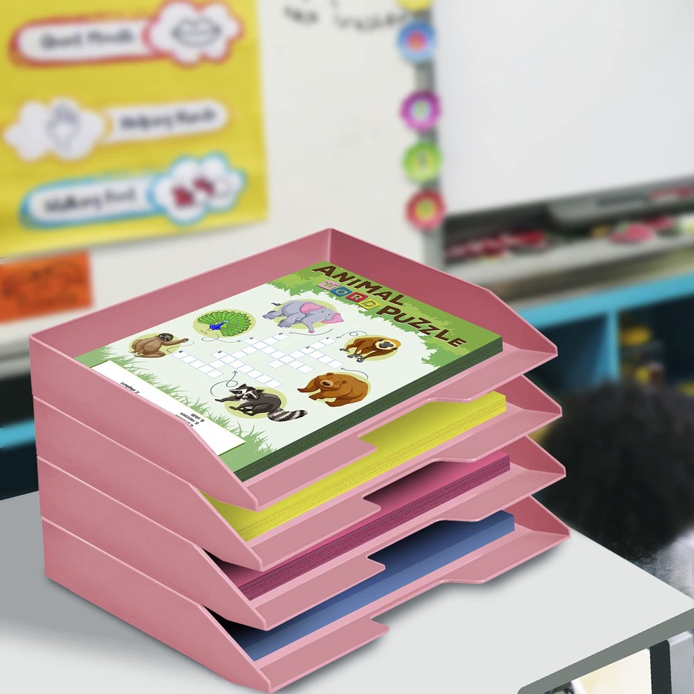 Stackable Letter Tray 4-Tier Side Load Plastic File Organizer Pink