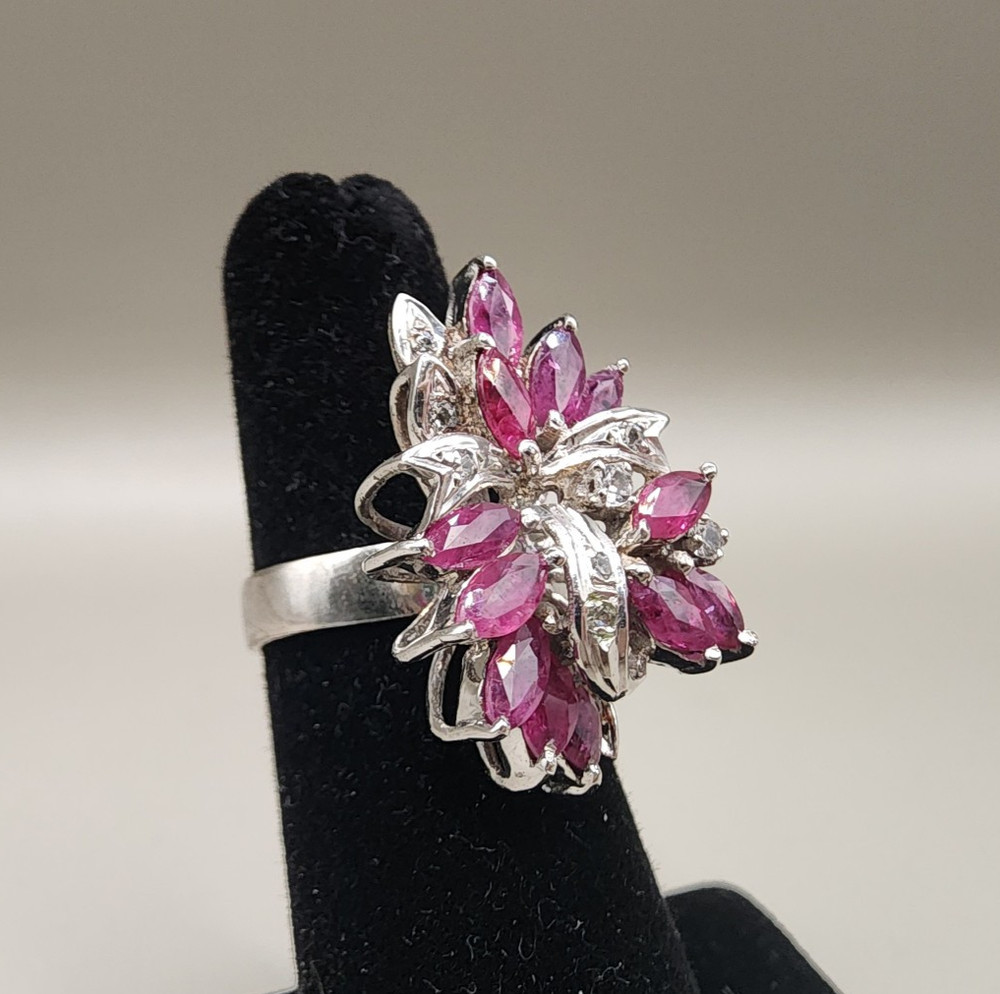 Vtg Sterling Silver 925 Simulated Ruby Spray Cocktail Ring - Multiple Sizes