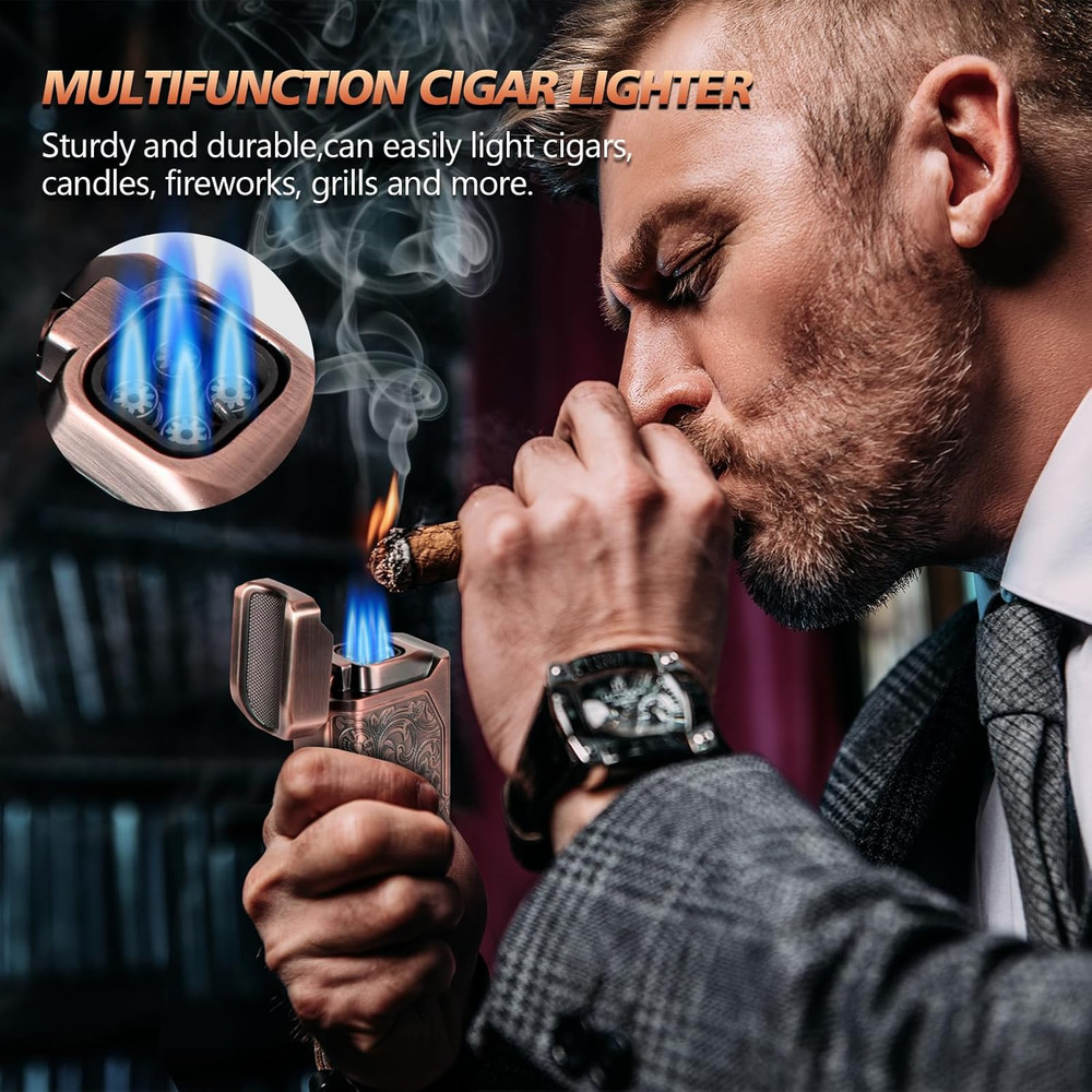 Torch Lighter, Cigar Lighter 4 Jet Flame, Refillable Butane Lighter with Cigar C