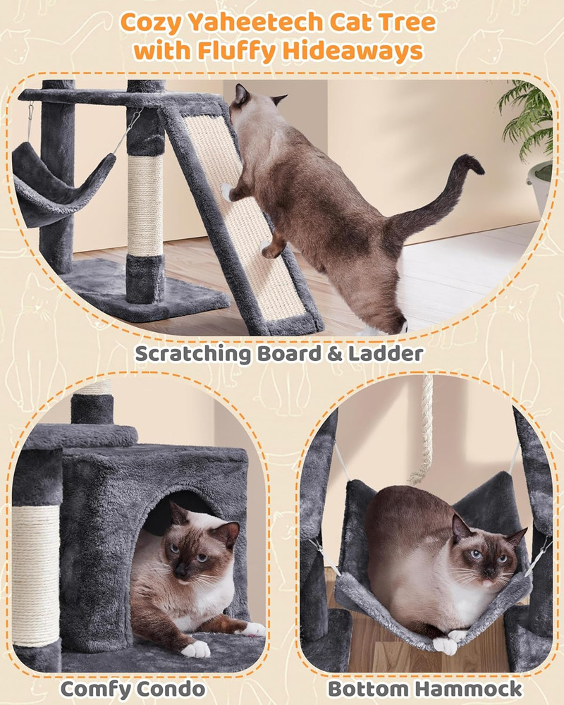 Large Multi-Level Cat Tree, 63 Inches Tall with Sisal-Covered Scratching Posts,