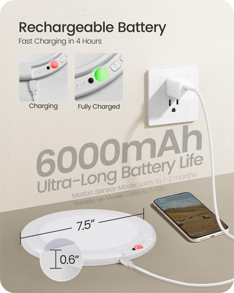 Rechargeable Motion Sensor Ceiling Light with 1 Pack, 3 Color Temperatures