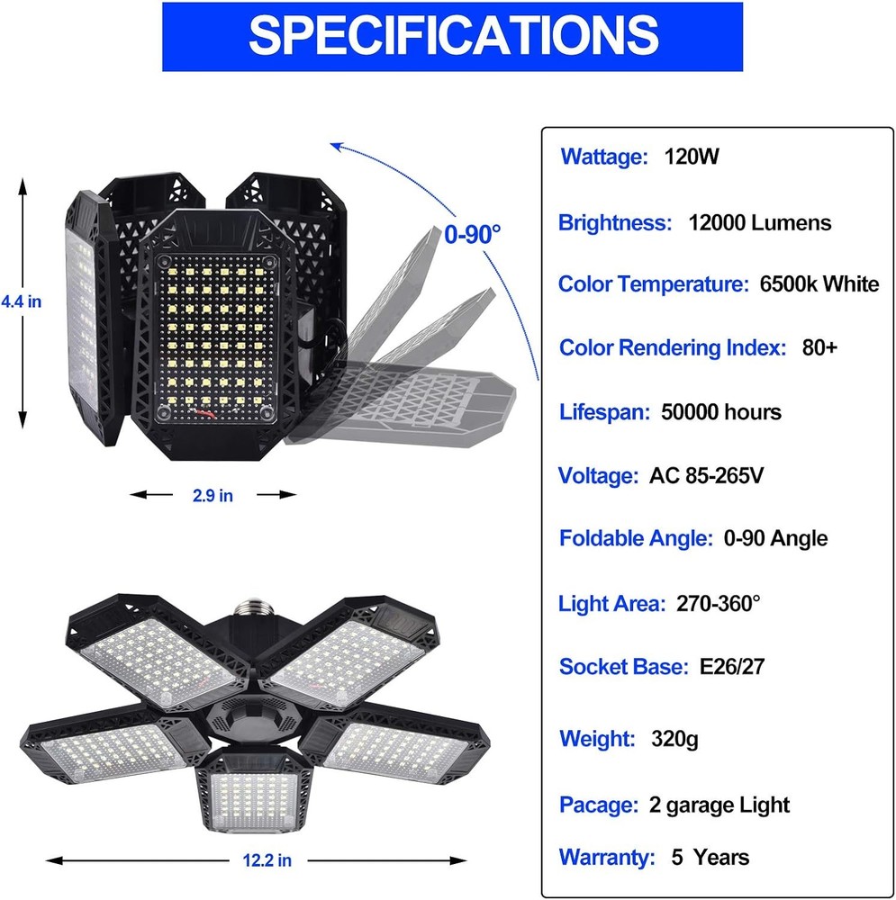 2 Pack LED Garage Lights, 120W Deformable Ceiling 2 PACK, Black