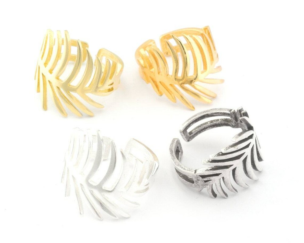 Palm Leaf Adjustable Ring Raw Brass,Antique silver,Shiny silver-gold 4716