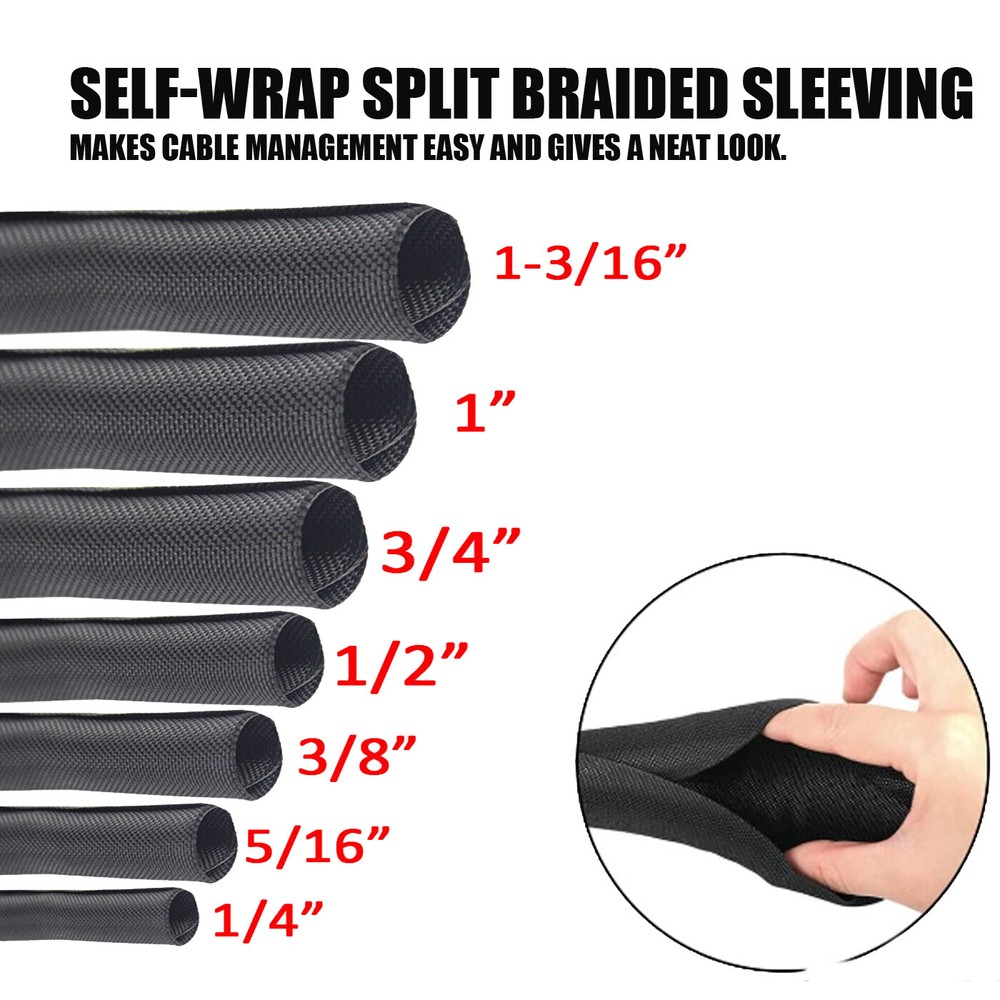 Black Split Wire Loom Braided Cable Sleeve Self-wrap Cord Harness Protect
