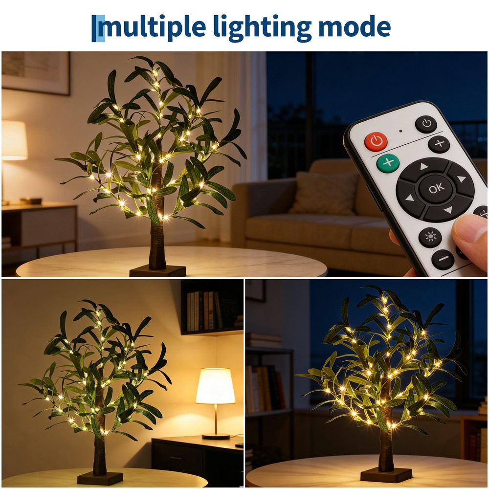 2 Pack Lighted Olive Tree, 21" Artificial Tabletop Tree w/ 50 LED Fairy Lights