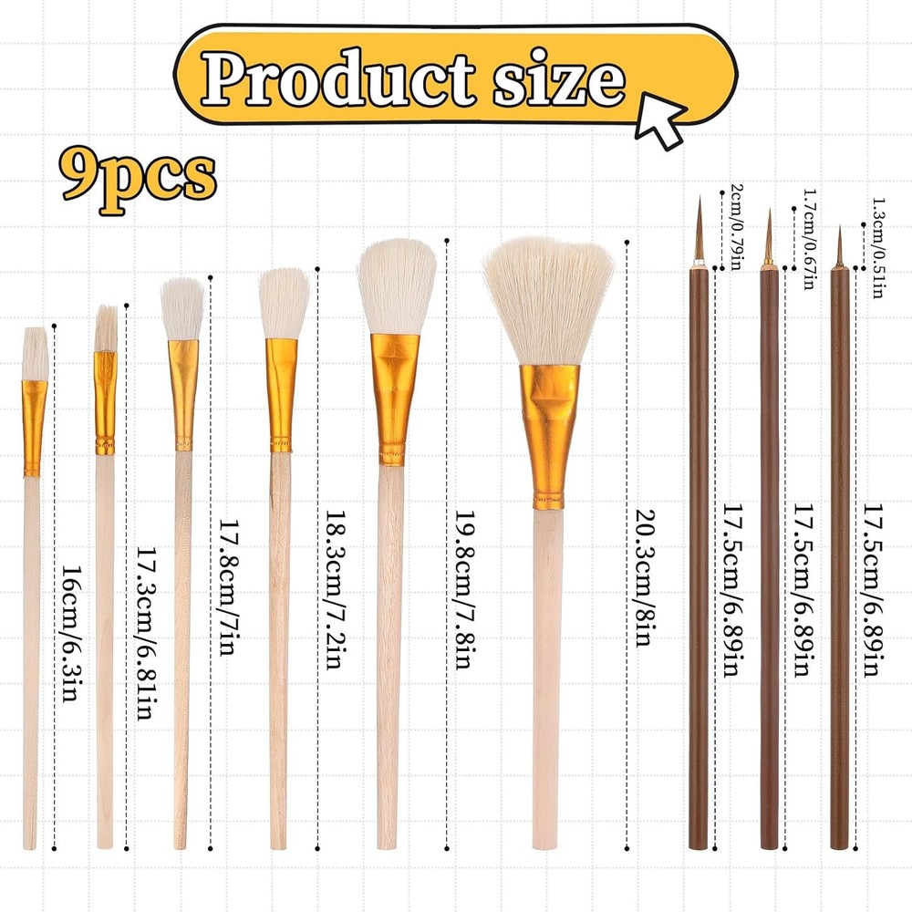 9 Pack Pottery Glaze Brushes Ceramic Brush Set, small to medium
