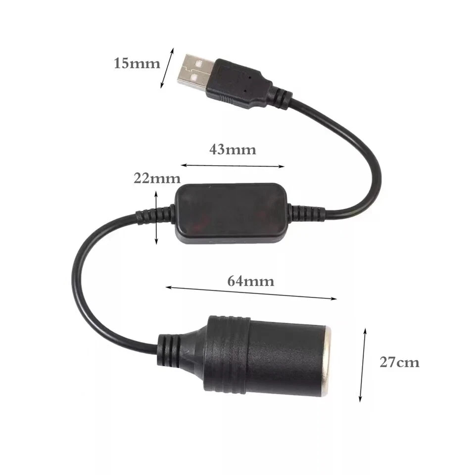 USB To 12V Car Cigarette Lighter Female Socket Converter Adapter Cable Connector