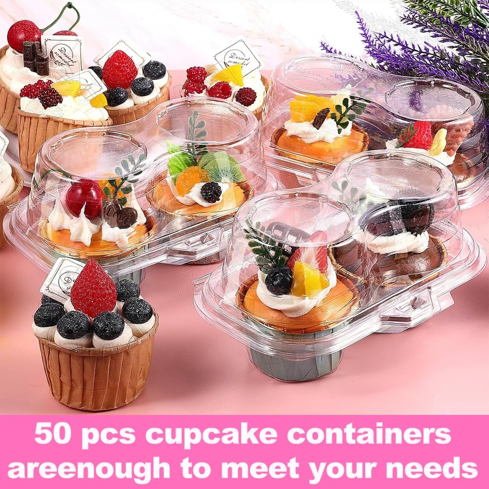 50Pack Disposable Cupcake Containers, 2 Compartment Clear Cupcake Holder, Sta...