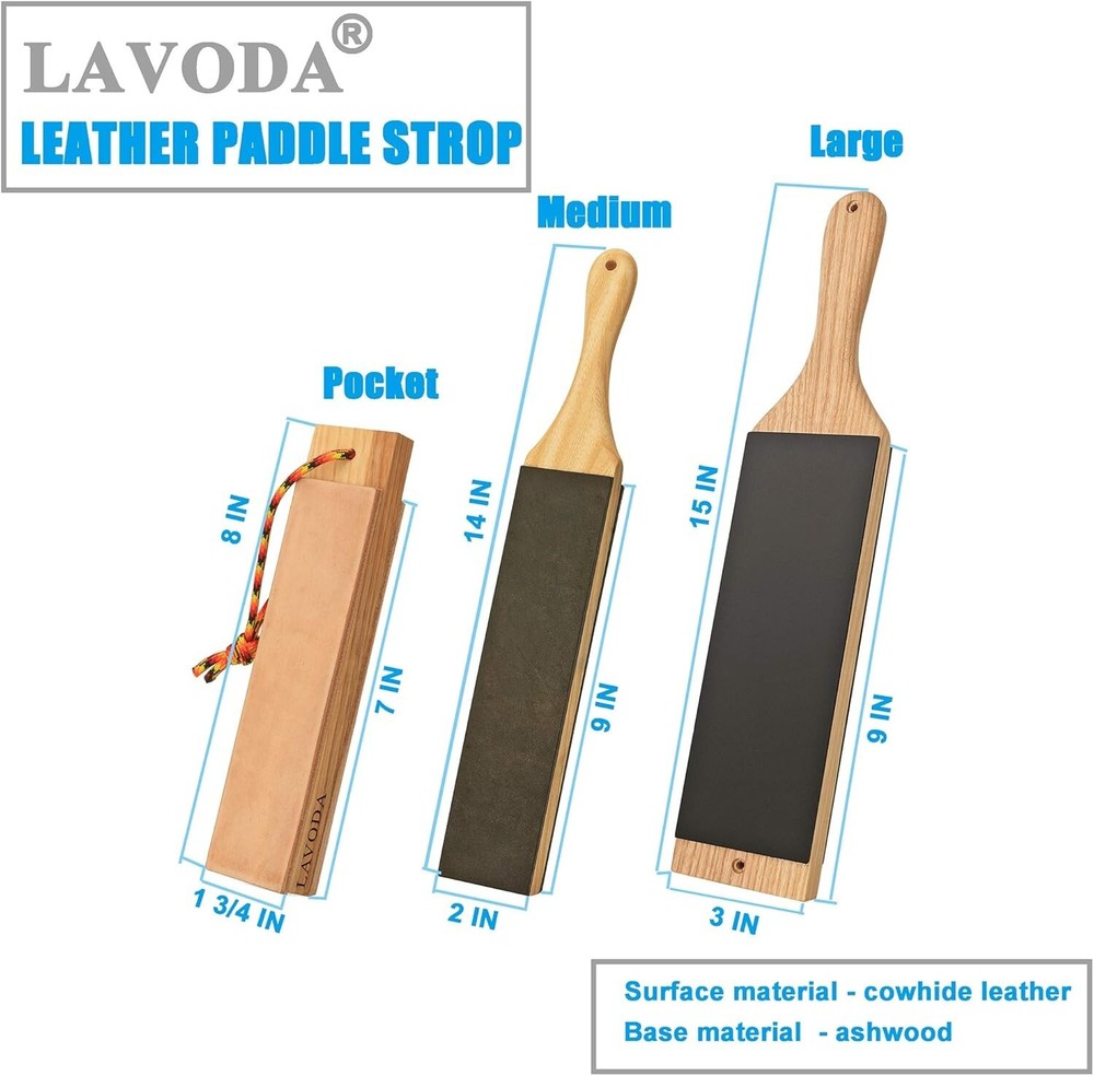 Leather Strop Paddle 3" by 15" with Compound, Large Double-Sided Knife Sharpener