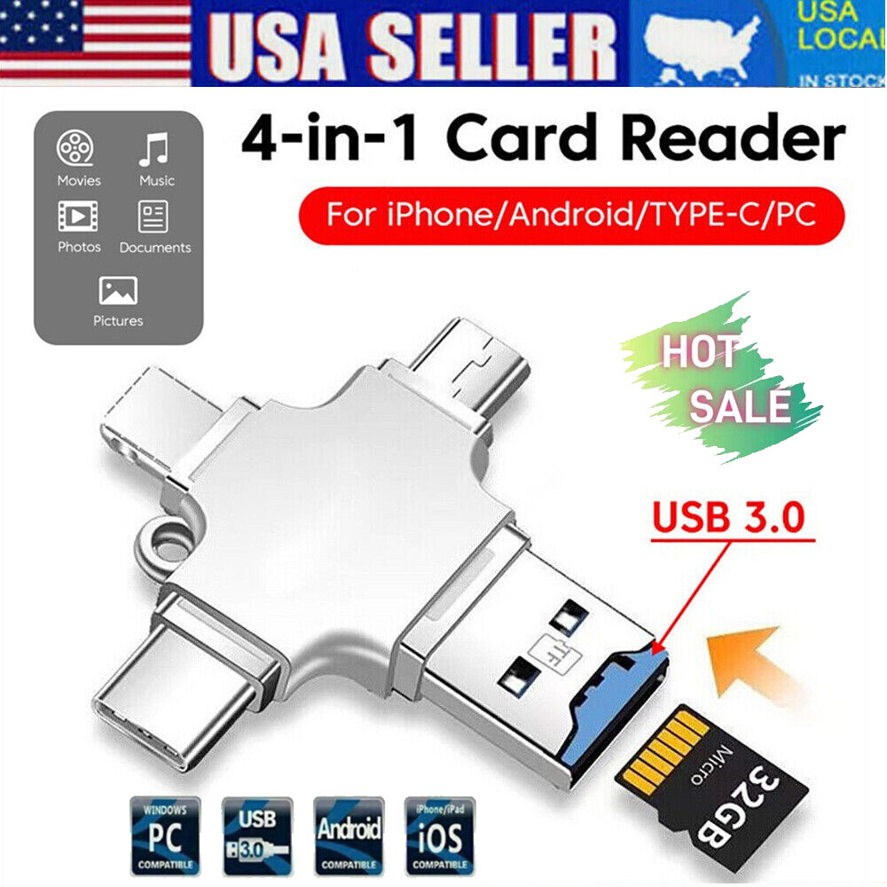 4in1 OTG Adapter iOS Micro Type-C USB Flash TF Card Reader For iPhone Android PC