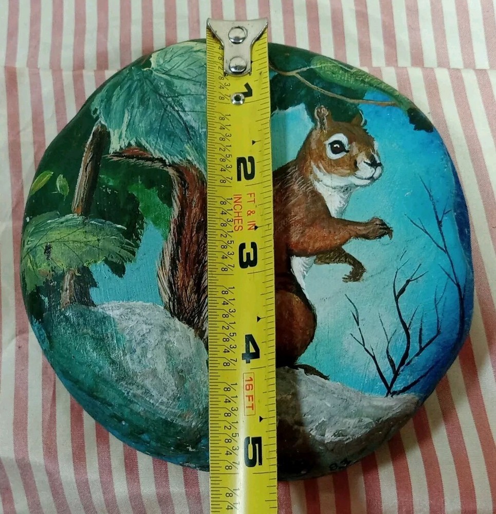 hand painted ROCK SQUIRREL ~5" X 5" COTTAGE CORE SIGNED ARTWORK