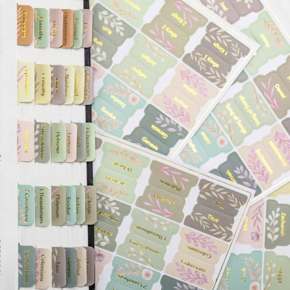 Bible Tabs 75 pcs Boho Floral Gold Foil Lettering Laminated for study