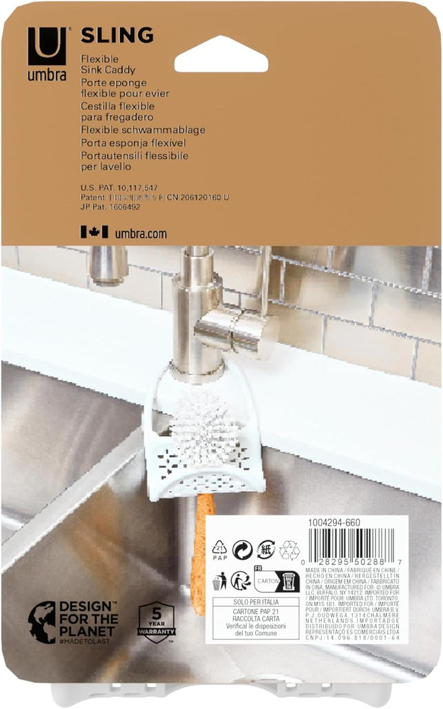 Sling Kitchen Sink Caddy Sponge Holder, Hangs over Faucet or Divider, Single, Wh