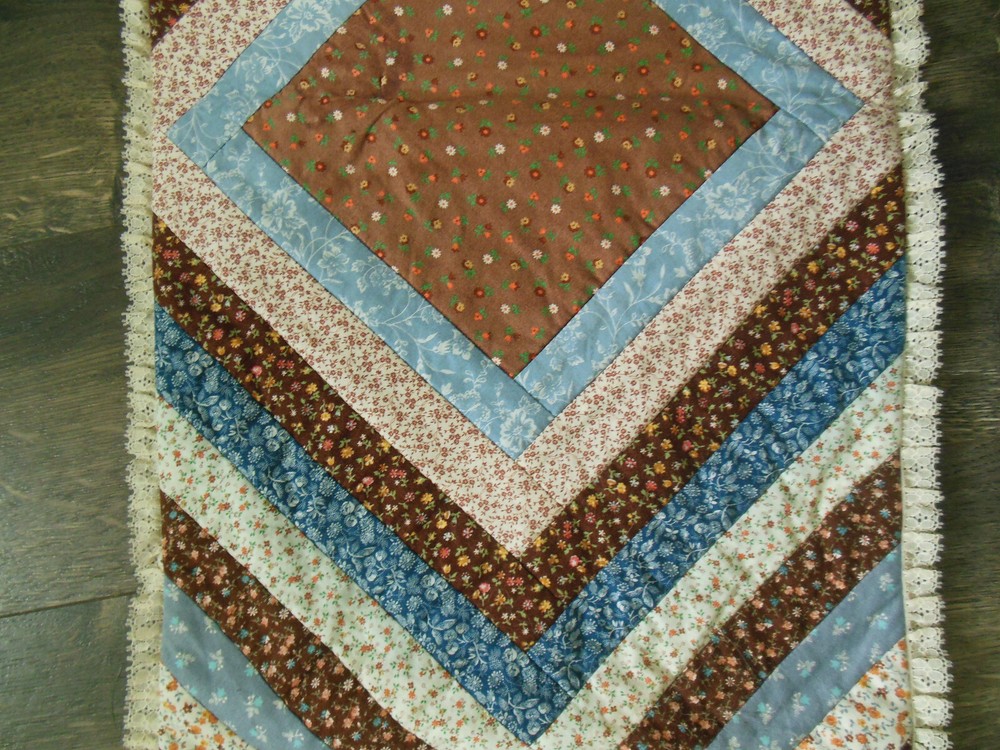 Hand Made Quilted Table Runner, Lace Edging, Reversible - 43"x13"
