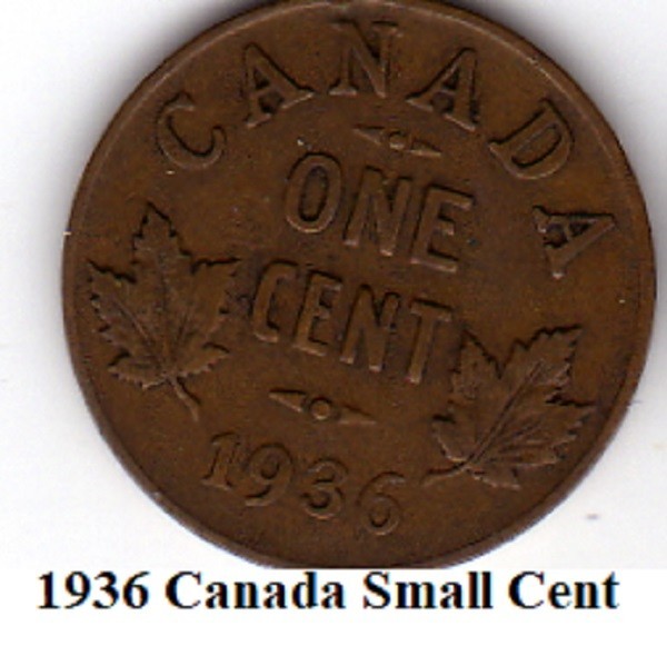 1936 Canada Small Cent Coin. Penny 1  cent