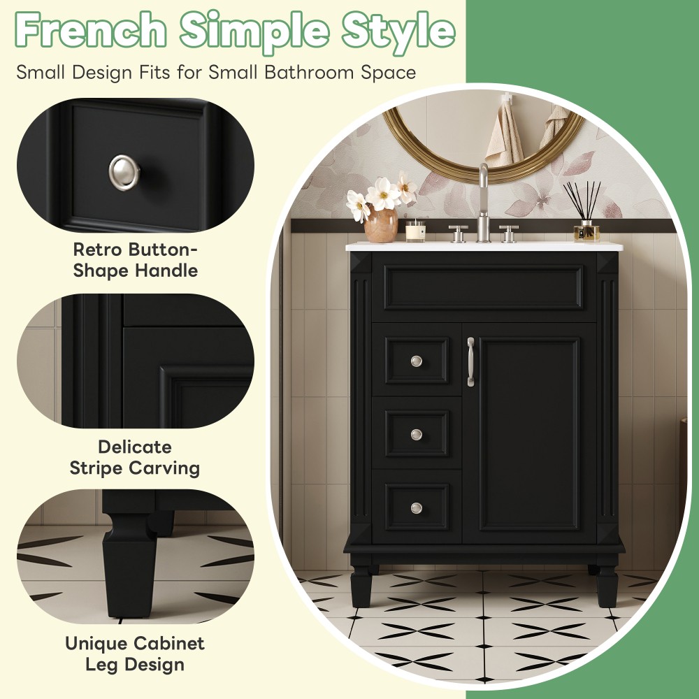 Bathroom vanity W ceramic sink Features two drawers Includes adjustable shelves