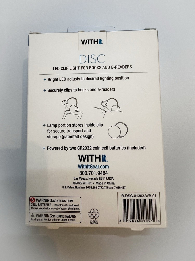 WITHit DISC LED Clip Book Light Silver Portable Flexible Battery Powered Reading