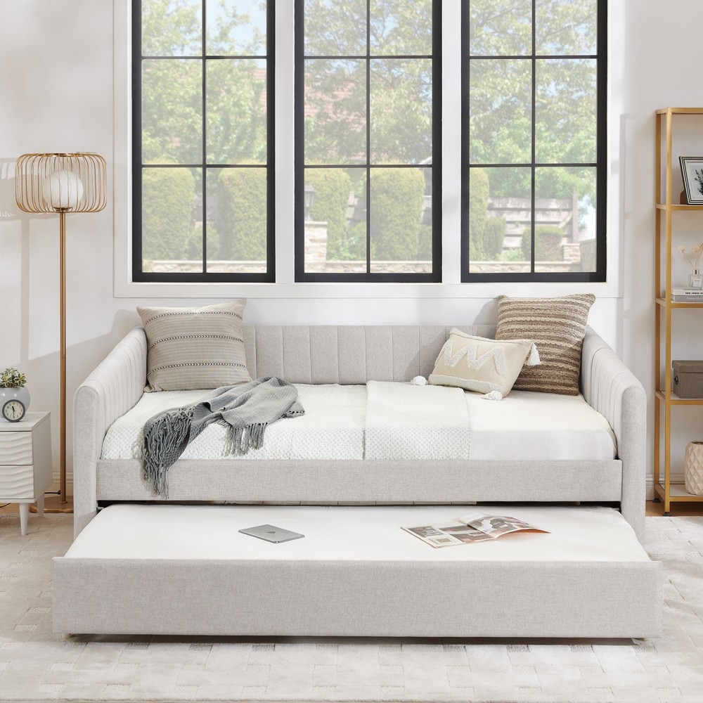 Full Daybed Modern Linen Upholstered Bed Frame Sofa Bed with Pull-Out Trundle