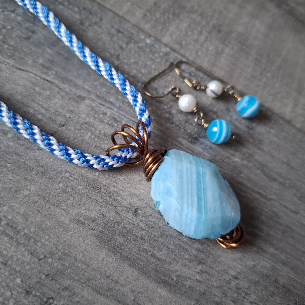Statement Wire Wrapped Boho Blue Stone Style Necklace And Earrings Set Boho