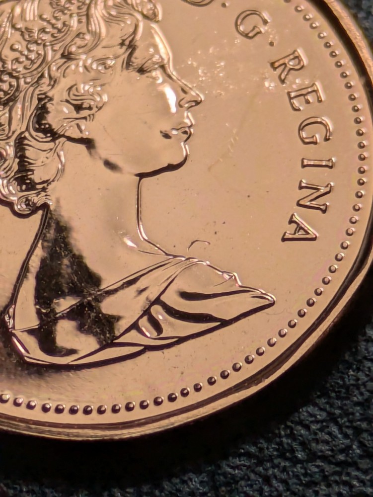 1987 1c Canada Cent Bu + DIE CRACK ERROR 2 Small Break Uncirculated +