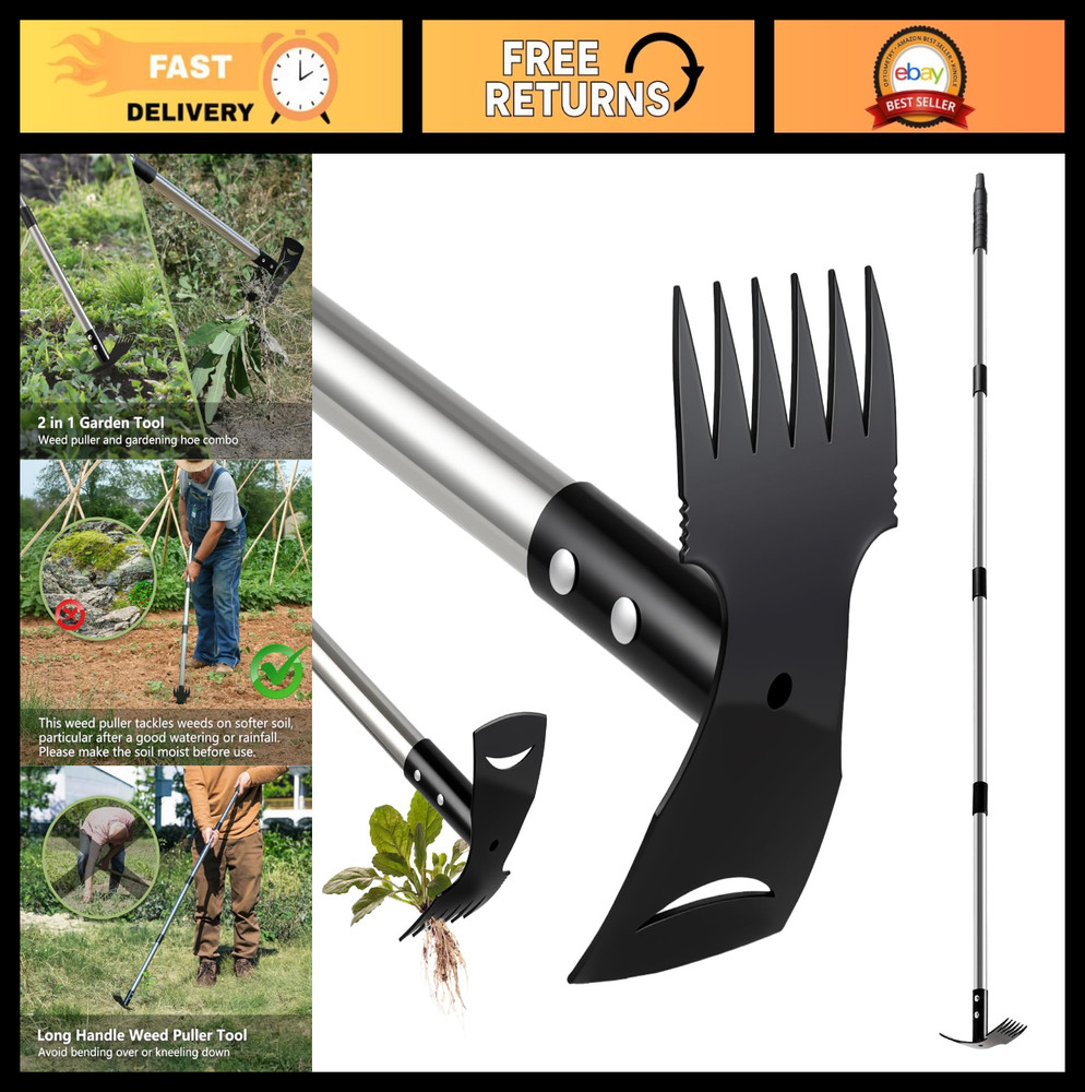 Long Handle Weed Puller Tool 58" - 2-in-1 Weeder Rake & Garden Hoe Combo for Eas