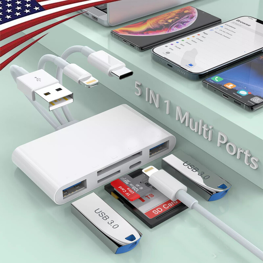 5 in 1 TypeC USB3.0 OTG Adapter SD TF Card Reader For iPhone/iPad/Samsung/Camera
