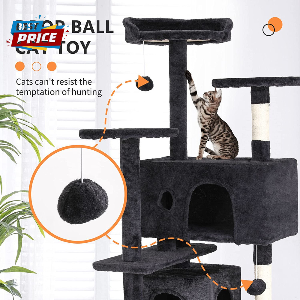 54" Cat Tree Tower | Dark Gray | Sturdy, Easy to Assemble, Multi-Level Activity