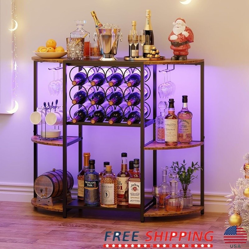 Smart LED Wine Bar Cabinet W/ Storage Glasses & Bottles Multi-Functional Decor