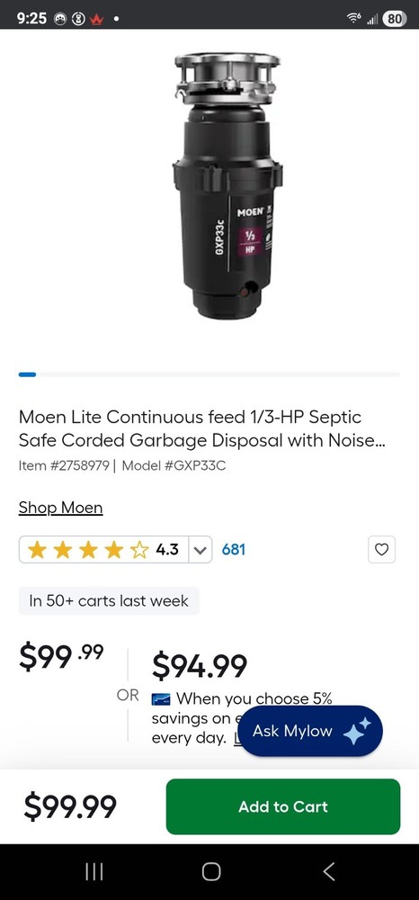 Moen Lite Series GXP33C Pro 1/3 HP Continuous Feed Garbage Disposal