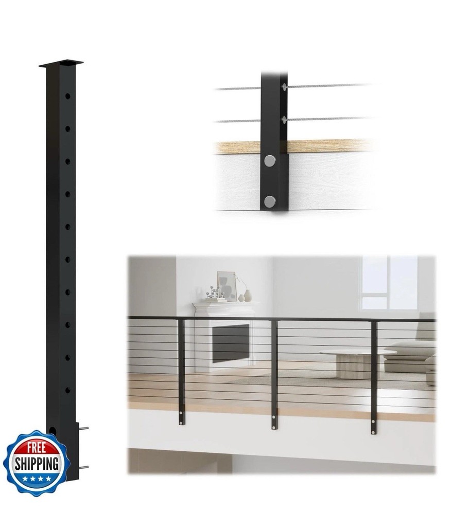 Muzata Black Side Mount Cable Railing Post 36 Inch 36"x2"x2" Level Drilled Sp