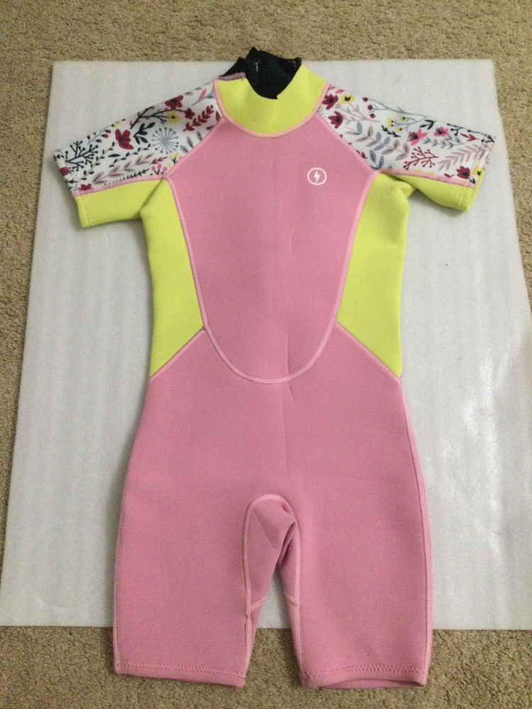 Kids Dark Lightning Wetsuit Pink and Yellow Leaf Pattern Size M