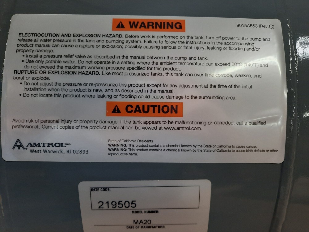 AMTROL 20 GALLON HORIZONTAL STORAGE TANK - 125 PSI