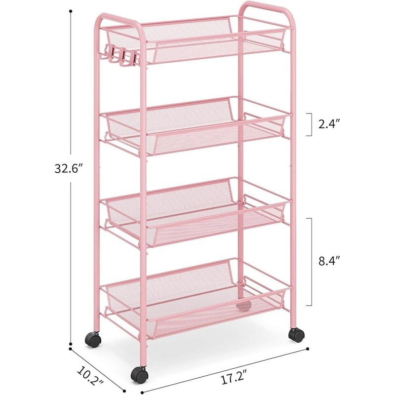 Rolling Storage Cart W/ Mesh Baskets Hooks Quiet Wheels Multi-Function Organizer