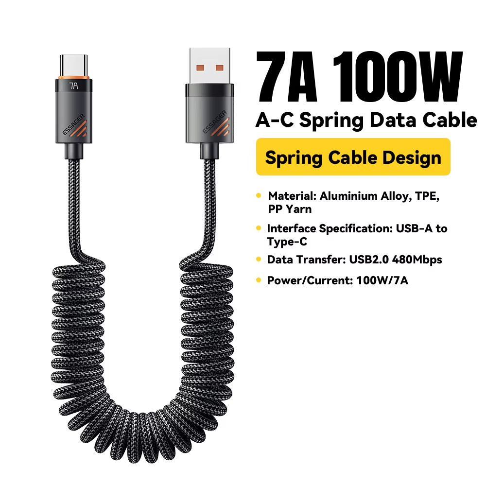 Essager Car Spring USB-C Cable 100W PD Fast Charging Type-C to Type-C