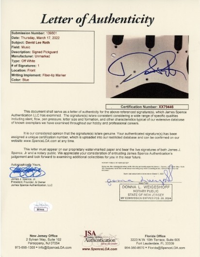 Van Halen: David Lee Roth Signed Guitar JSA Authentication