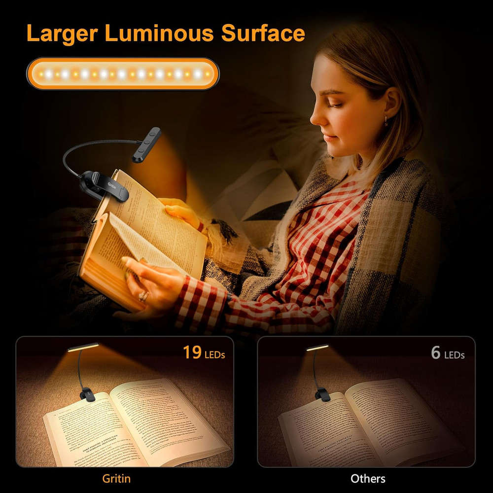 Rechargeable Book Light for Reading in Bed with 19 LED &Memory Function-Eye Cari