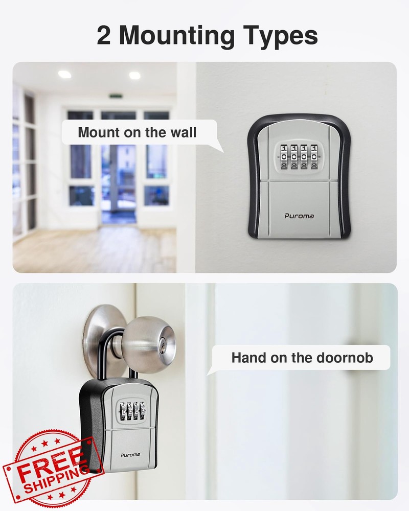 Puroma Gray Key Lock Box Wall Mount Combination Key Storage Resettable Code
