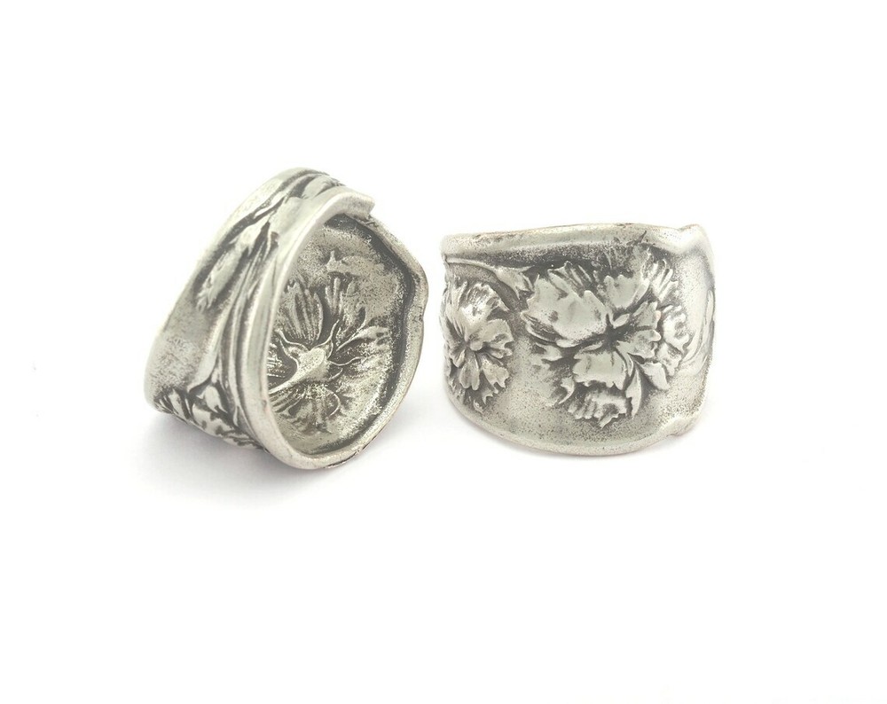Spoon Ring Flower Patterned Boho Antique Silver Plated Brass 8Us Adjustable 961