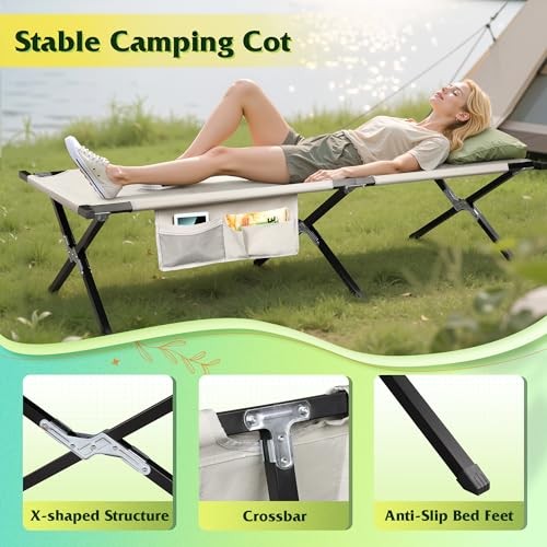 Military Camping Cot, Portable Folding Cots for Sleeping with Silver Greige