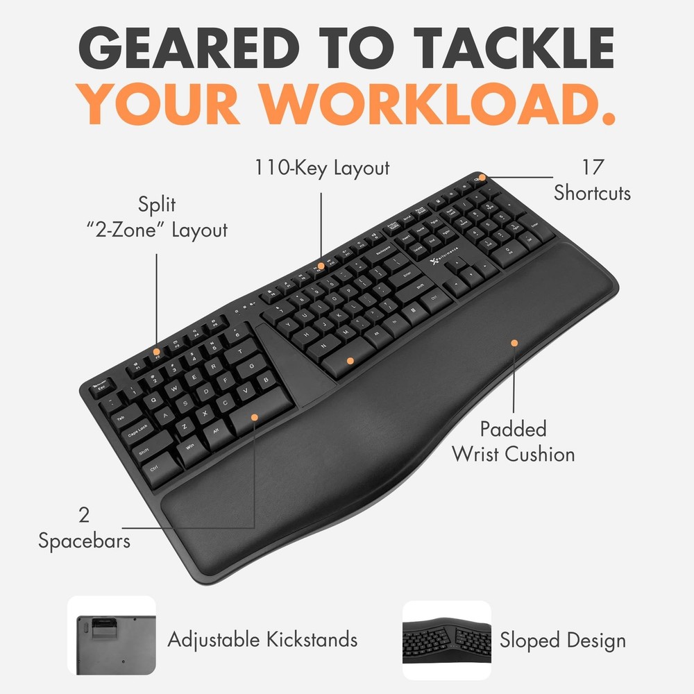X9 Wireless Ergonomic Keyboard - Split Keyboard with Cushioned Wrist Rest - T...
