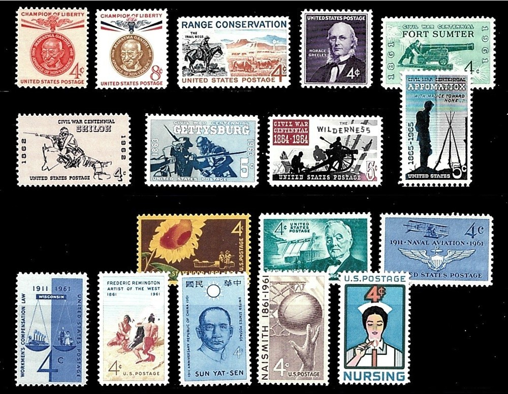 US 1961 COMMEMORATIVE STAMP YEAR SET  17 SINGLE MNH
