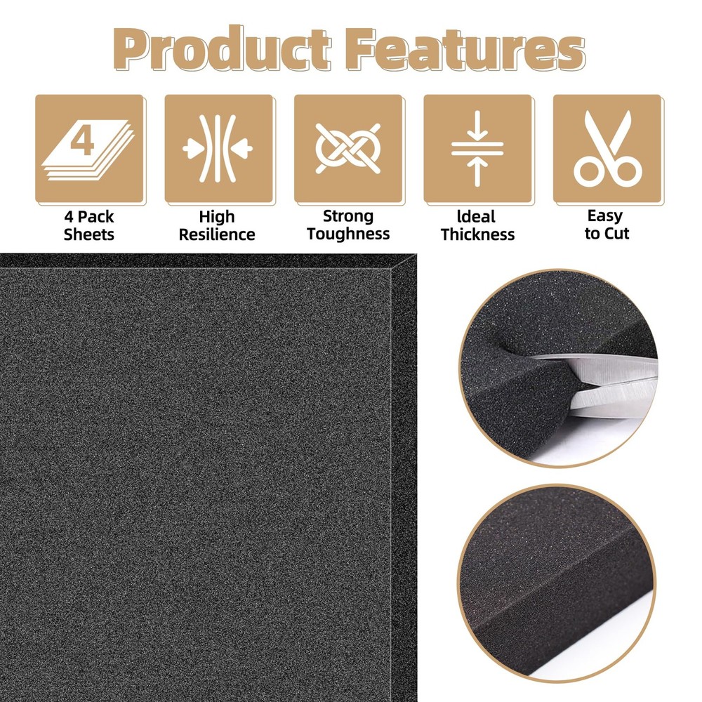 4 PCS Black Packing Foam Sheets Cuttable Polyurethane Cushioning Pads Box