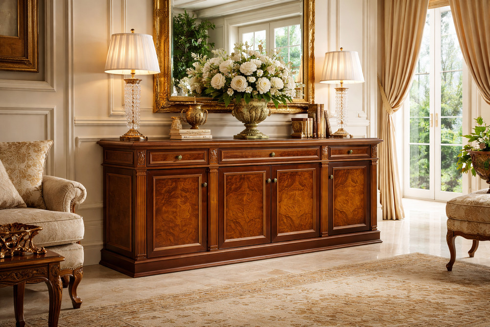 🔥 Luxury Classic Walnut Buffet / Sideboard – Solid Wood – Burl Veneer Panels 🔥