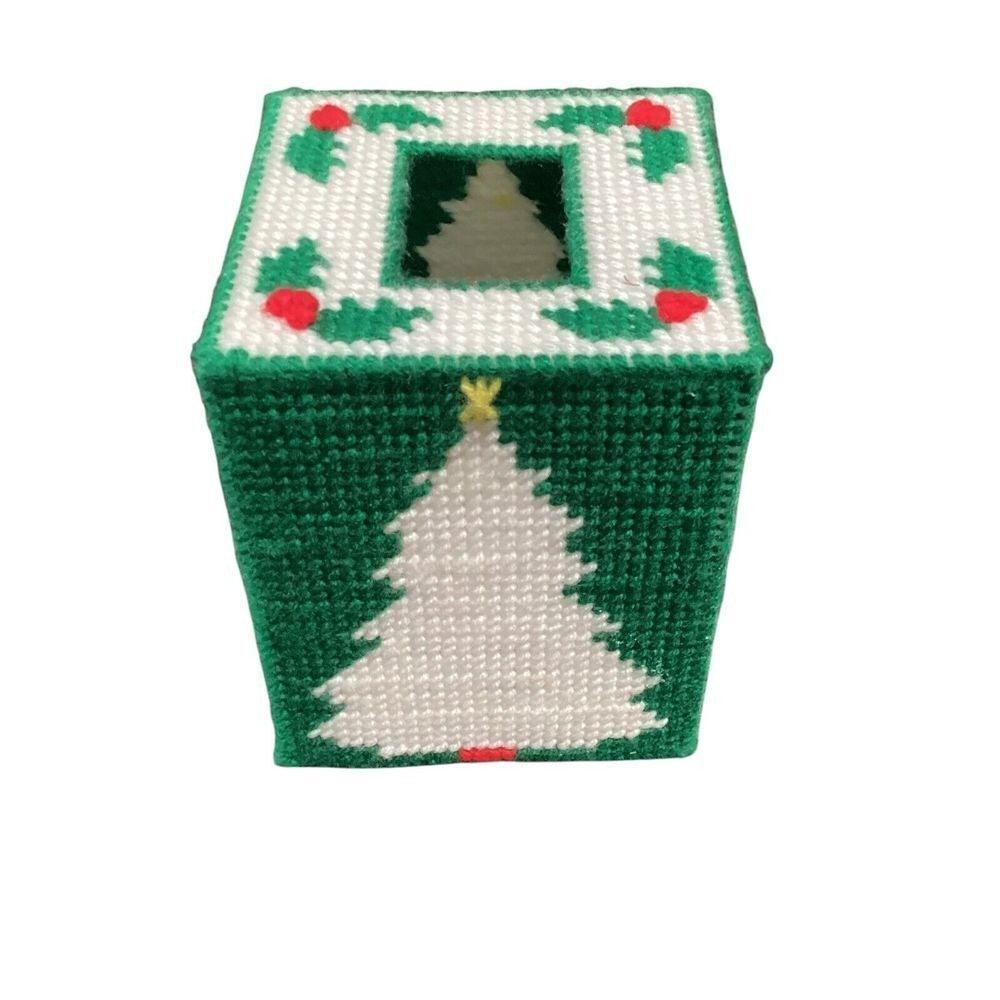 Handmade Plastic Canvas Christmas Tree Tissue Box Cover Coasters Set
