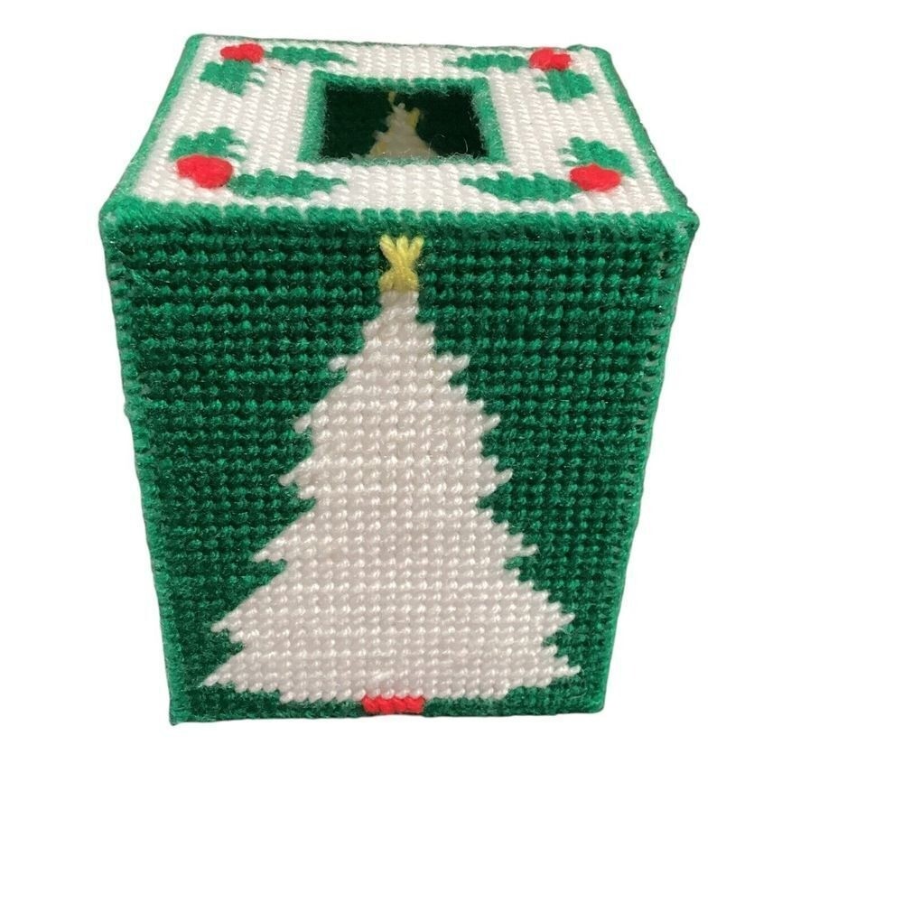 Handmade Plastic Canvas Christmas Tree Tissue Box Cover Coasters Set
