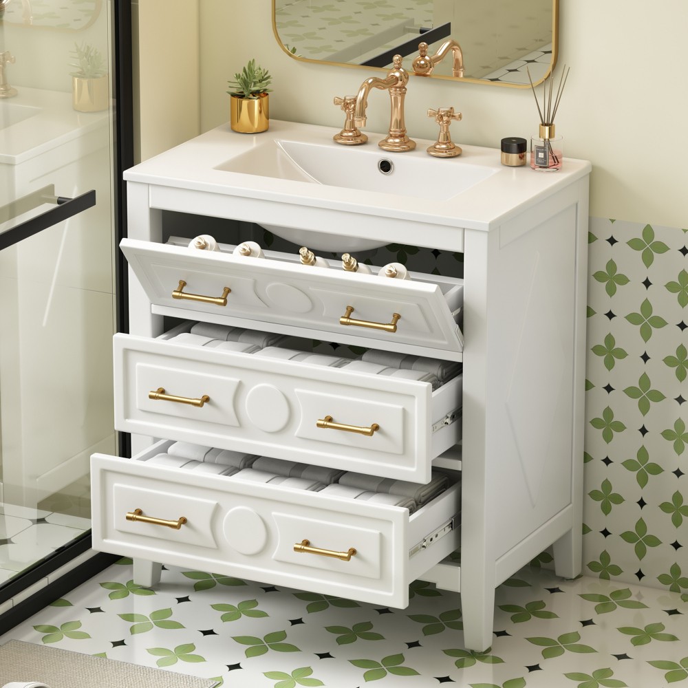 30'' Bathroom Vanity w/Ceramic Sink Combo 3 Drawers, Solid Wood Storage, White