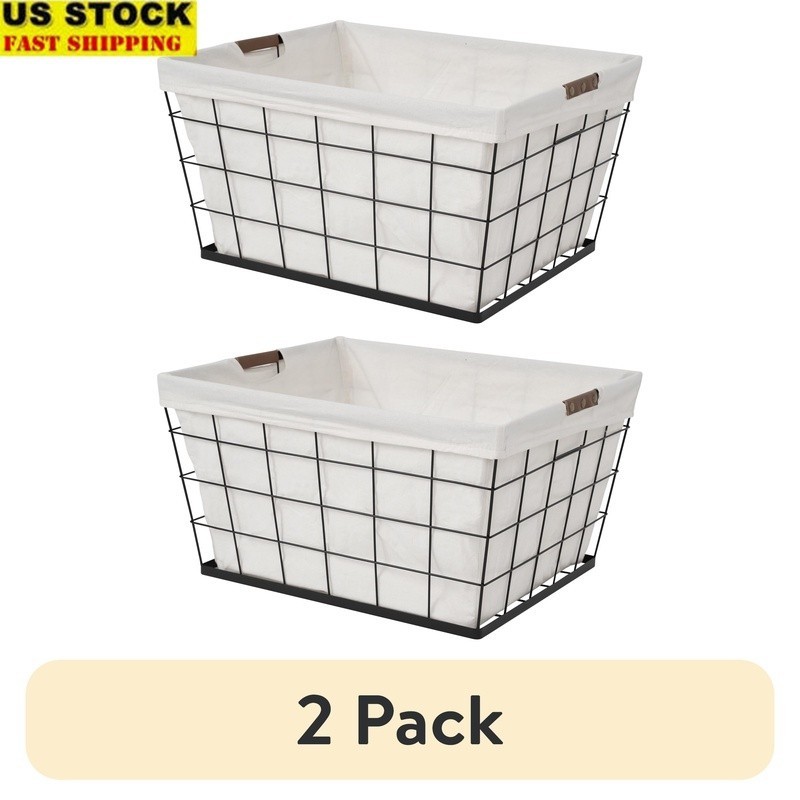 Rectangular Steel Wire Laundry Basket W/ Removable Cotton Liner Easy Transport
