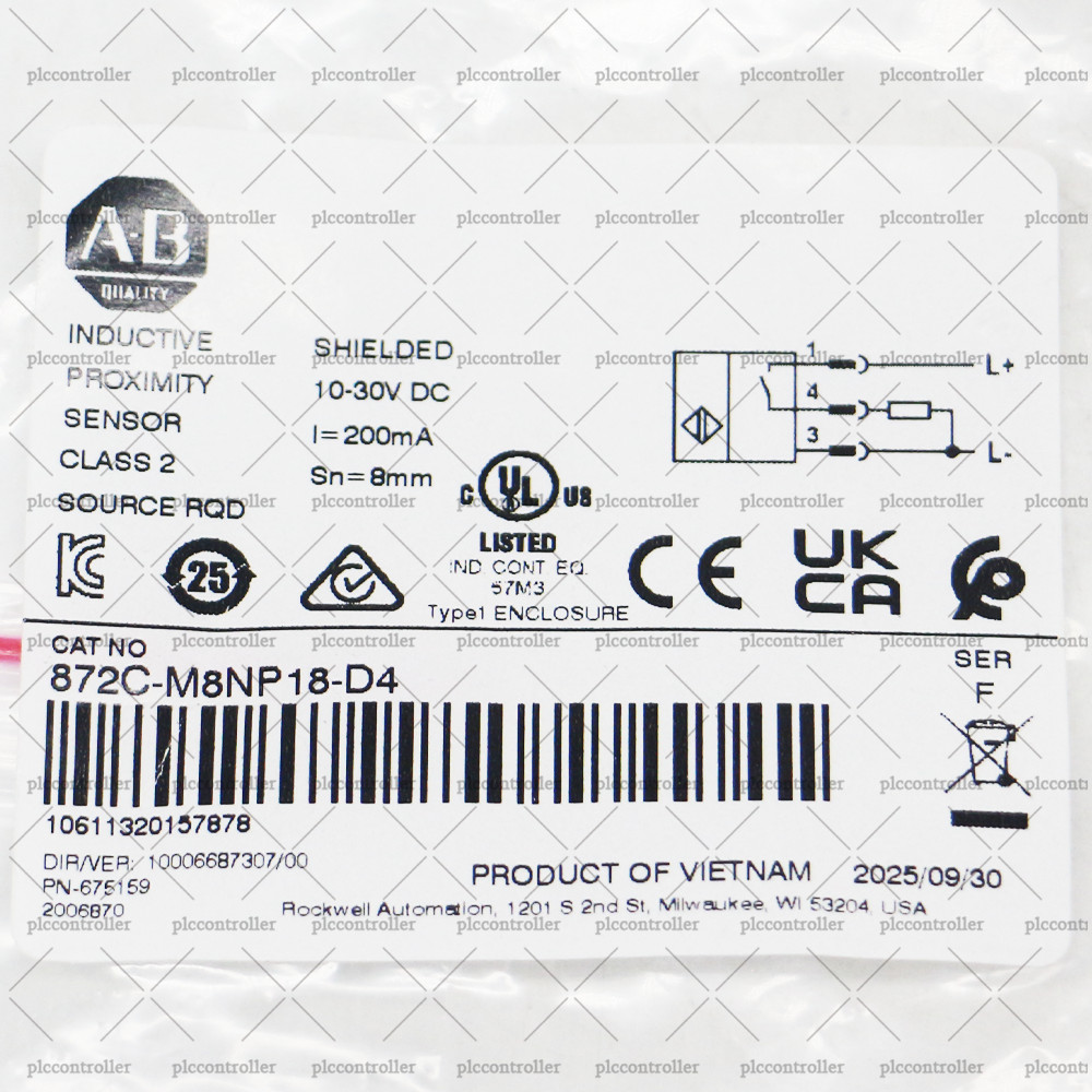 872C-M8NP18-D4 Allen Bradley Proximity Sensor 18 mm Barrel Inductive