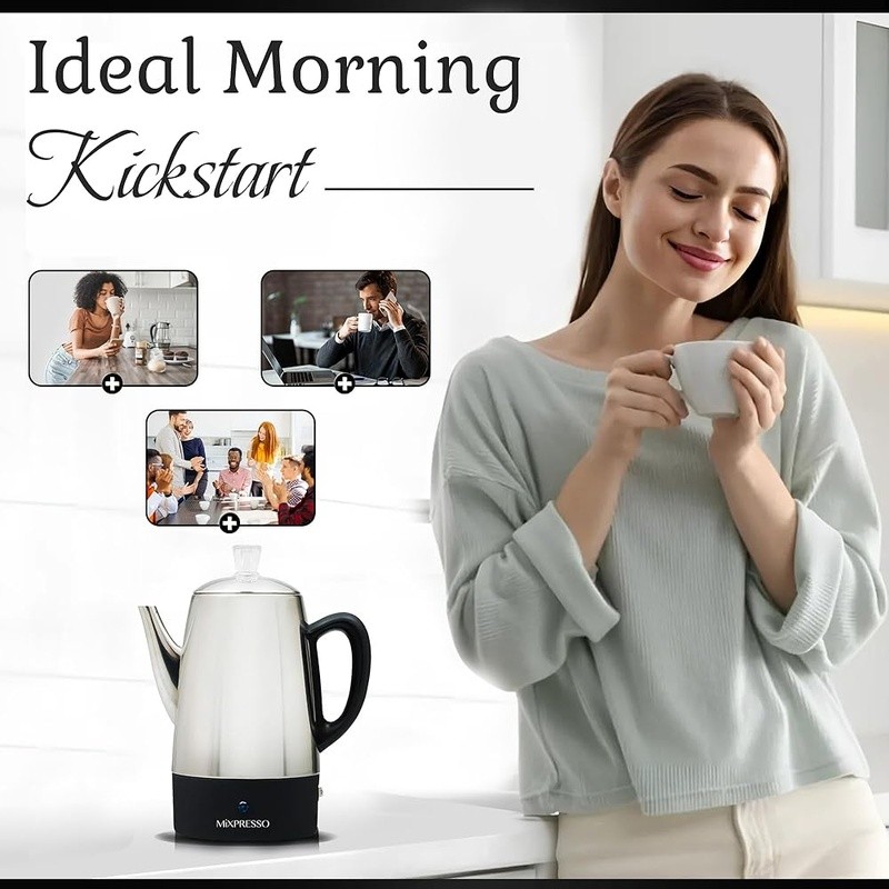 Electric 10 Cup Coffee Percolator Stainless Steel Keep Warm Function Easy Pour