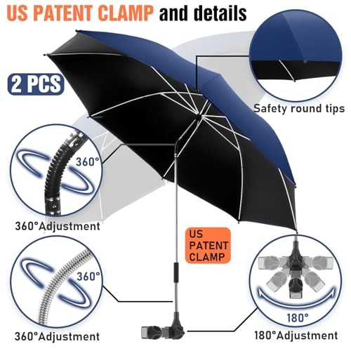 2 PACK Beach Umbrella with Clamp, 360 ° Adjustable Umbrellas for Ink Blue